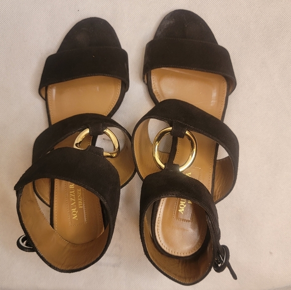 Aquazzura Shoes - AQUAZZURA CAMEL SUEDE SAFARI LEATHER GOLD RING MID HEEL ANKLE STRAP  SANDALS